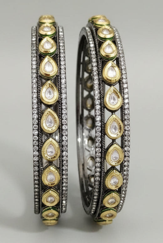 Black Golden Pleated  Kundan Polki Bangle SKU-5064