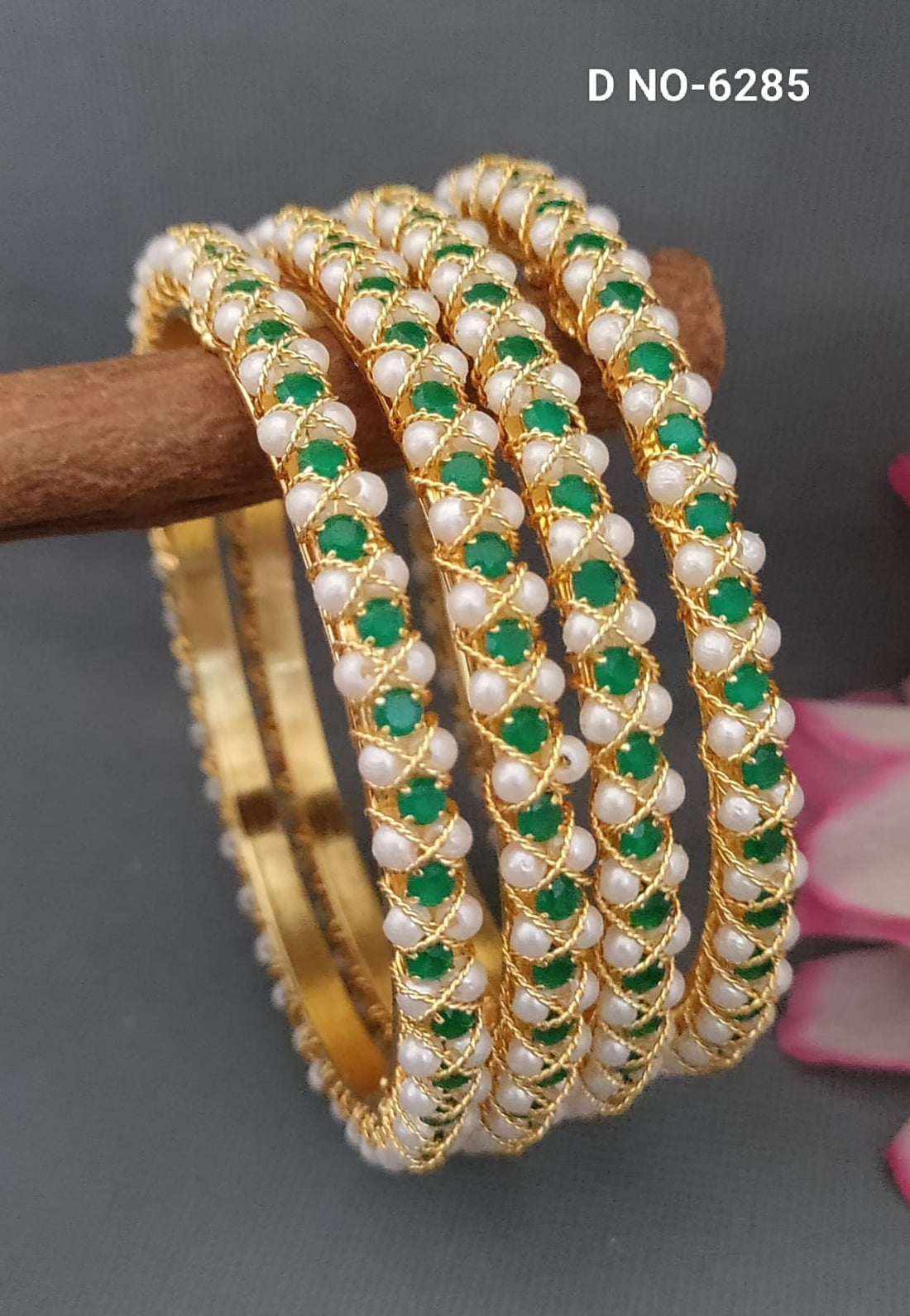 Golden Green Stone Pearl Bangle SKU-6285