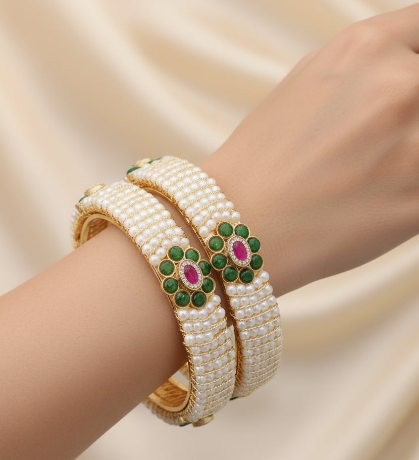 Golden Pearl Ruby+Green Swaroski Stone Bangles SKU-6327