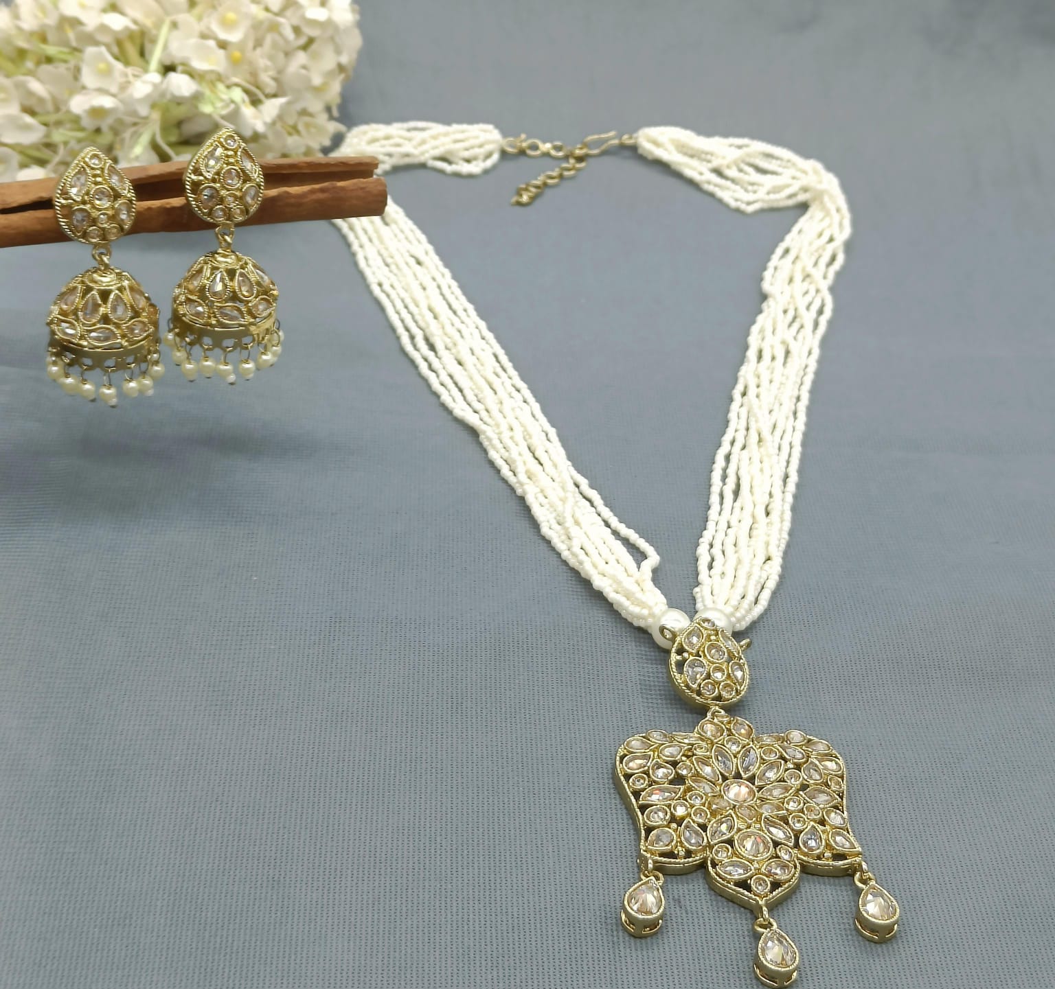 Pearl Polki long Necklace set -6422 rchiecreation