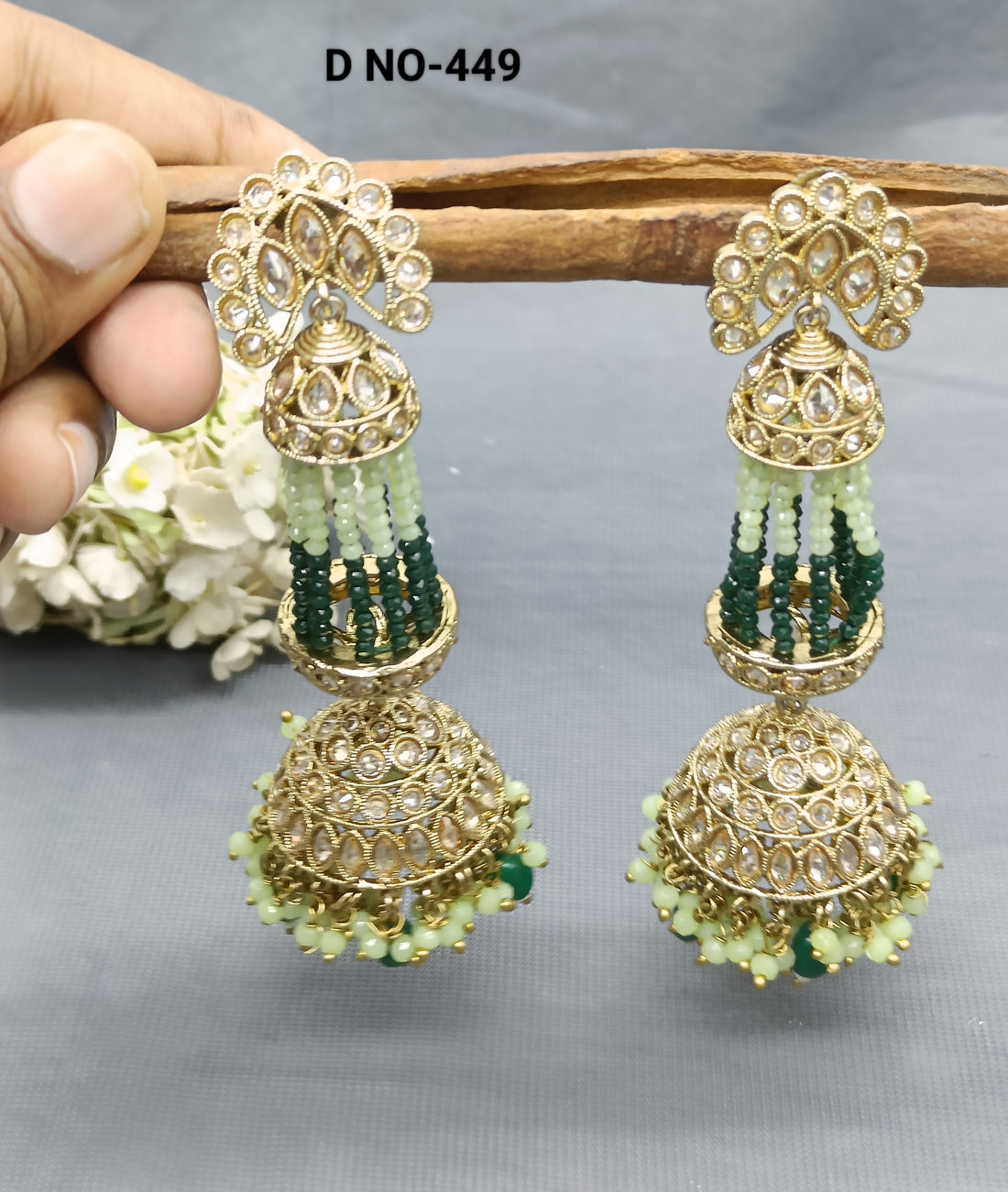 Polki Earring Long Jhumki Mehndi Sku-449 A3 - rchiecreation