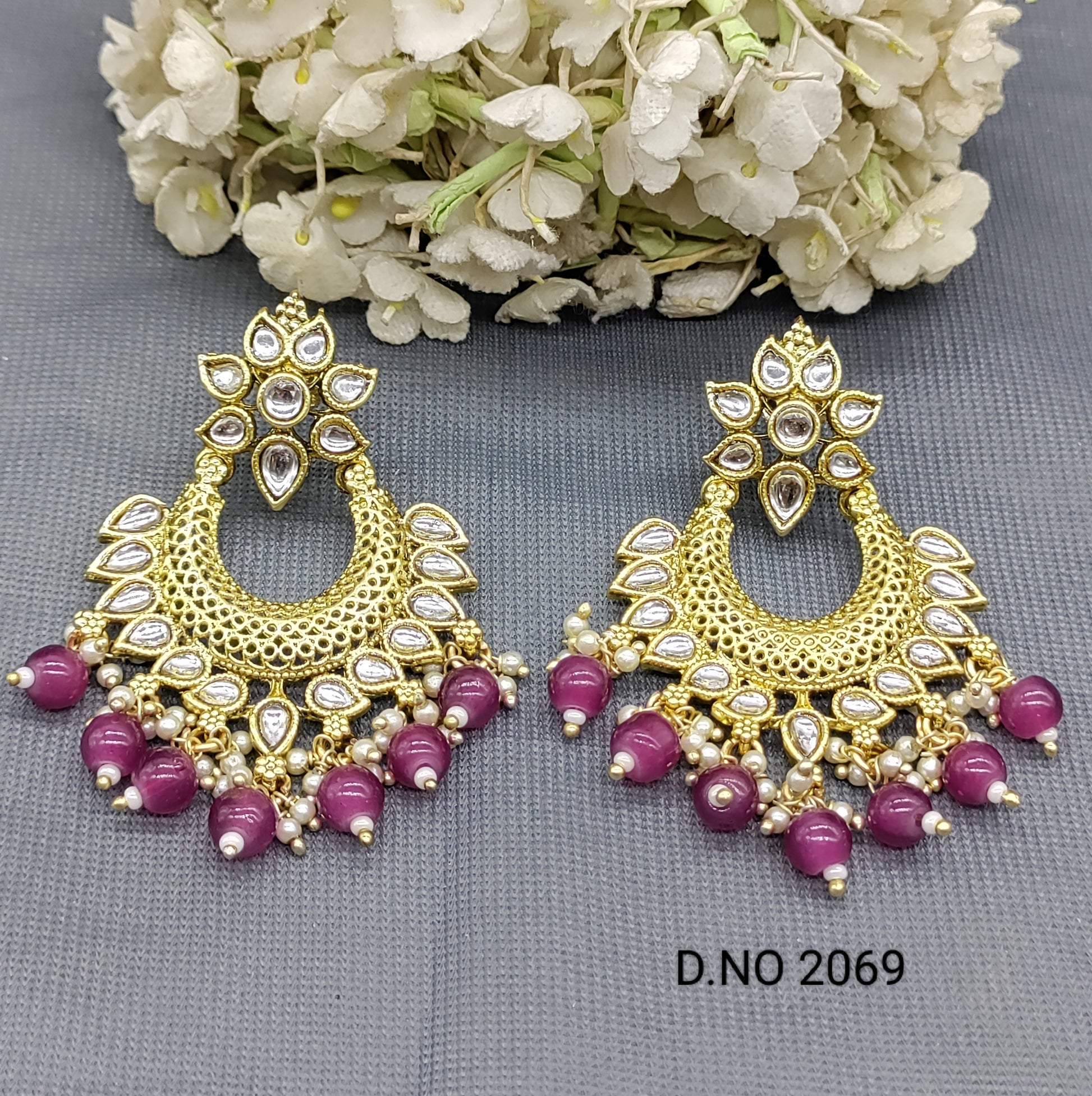 Antique Golden Kundan Earring Sku 2069 rchiecreation