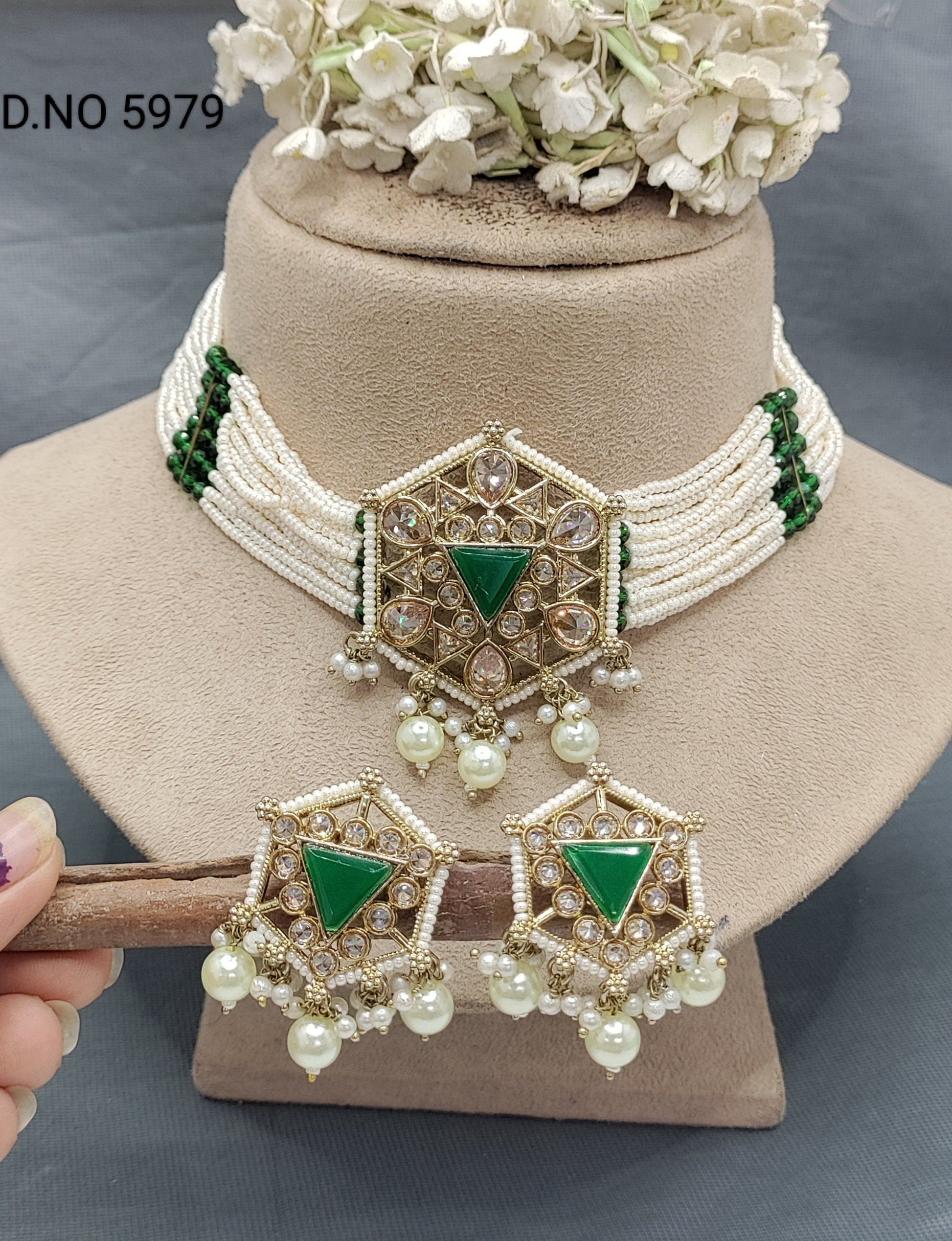 Choker Pearl Necklace Mehandi Set Sku 5979 B2 rchiecreation