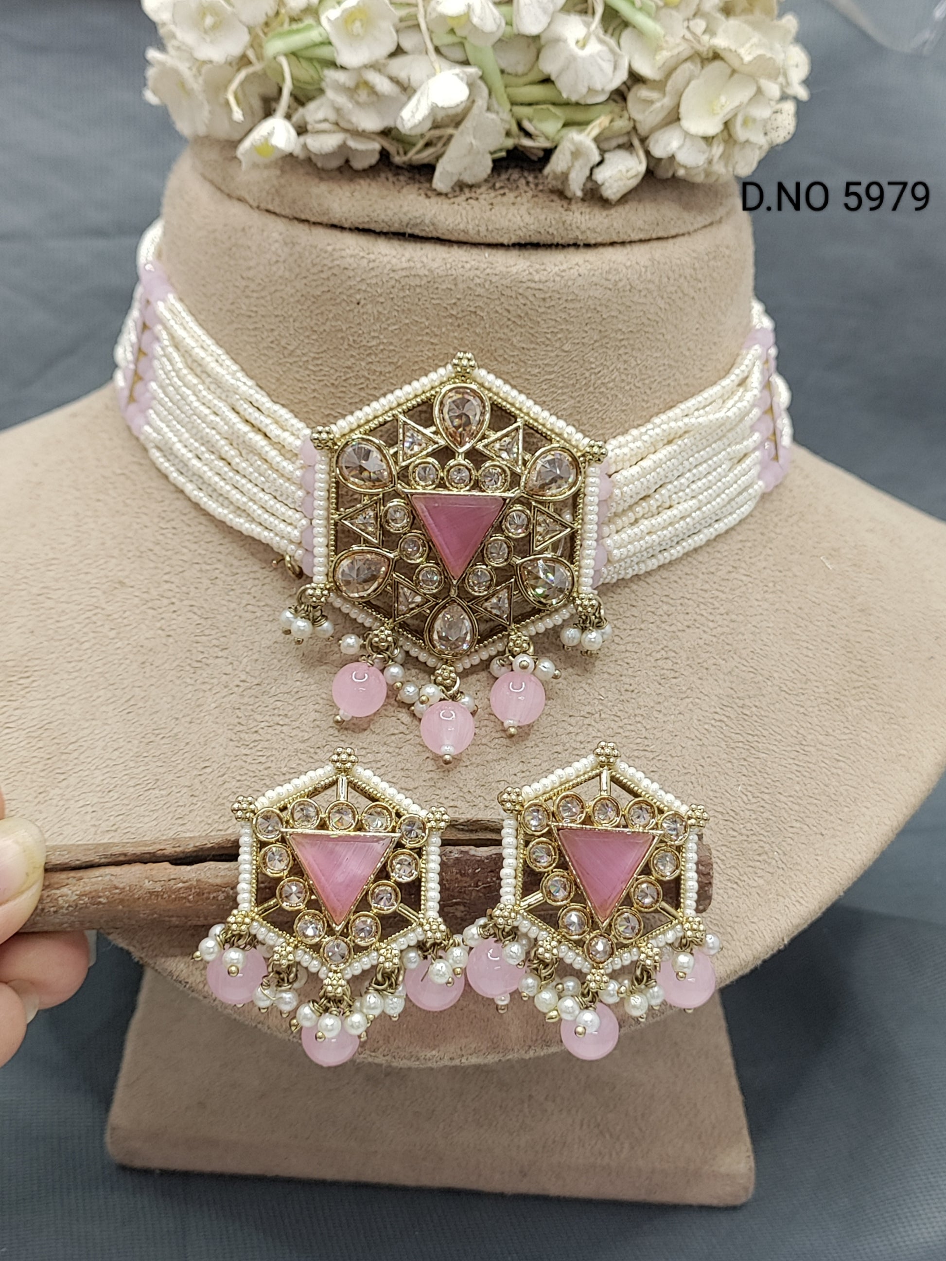 Choker Pearl Necklace Mehandi Set Sku 5979 B2 rchiecreation