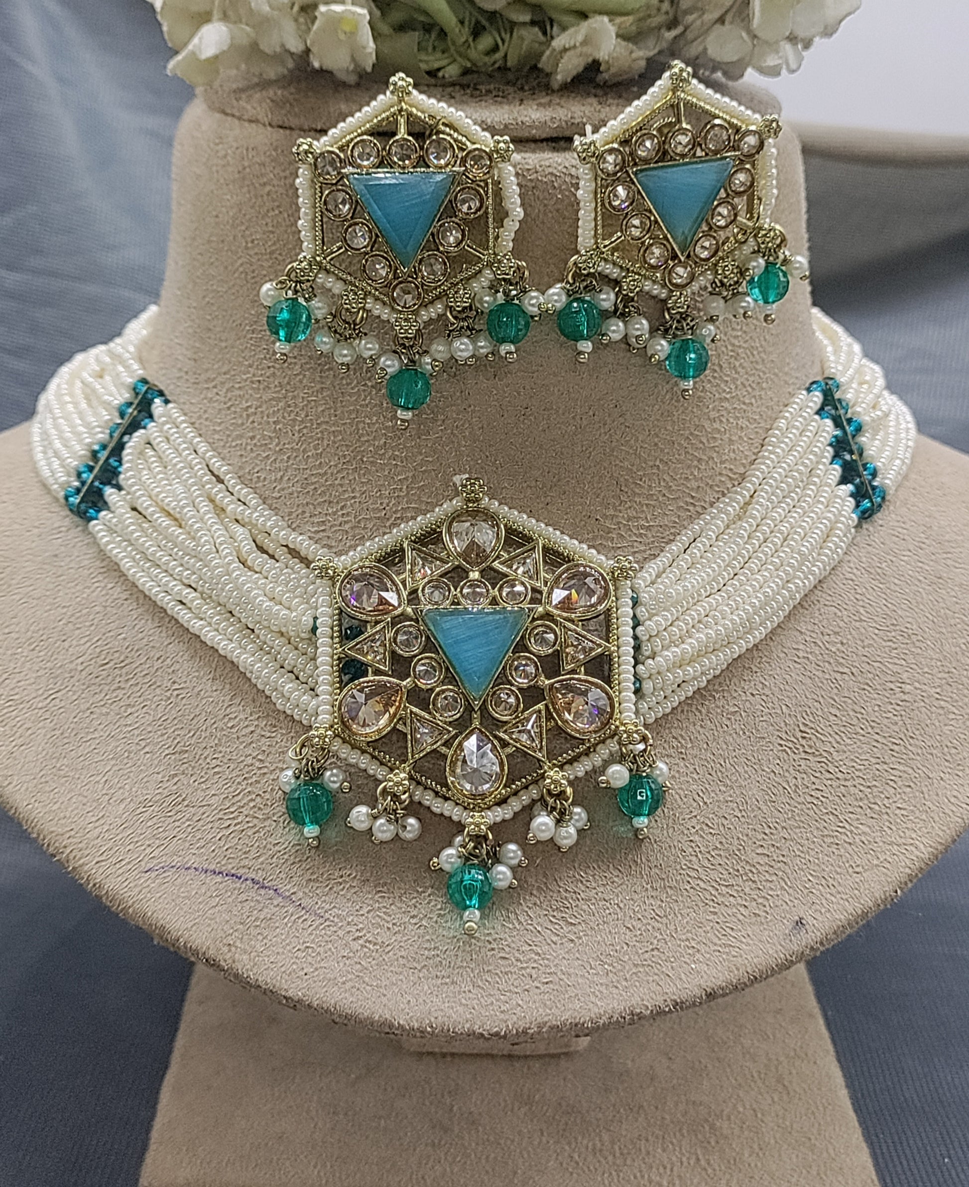 Choker Pearl Necklace Mehandi Set Sku 5979 B2 rchiecreation