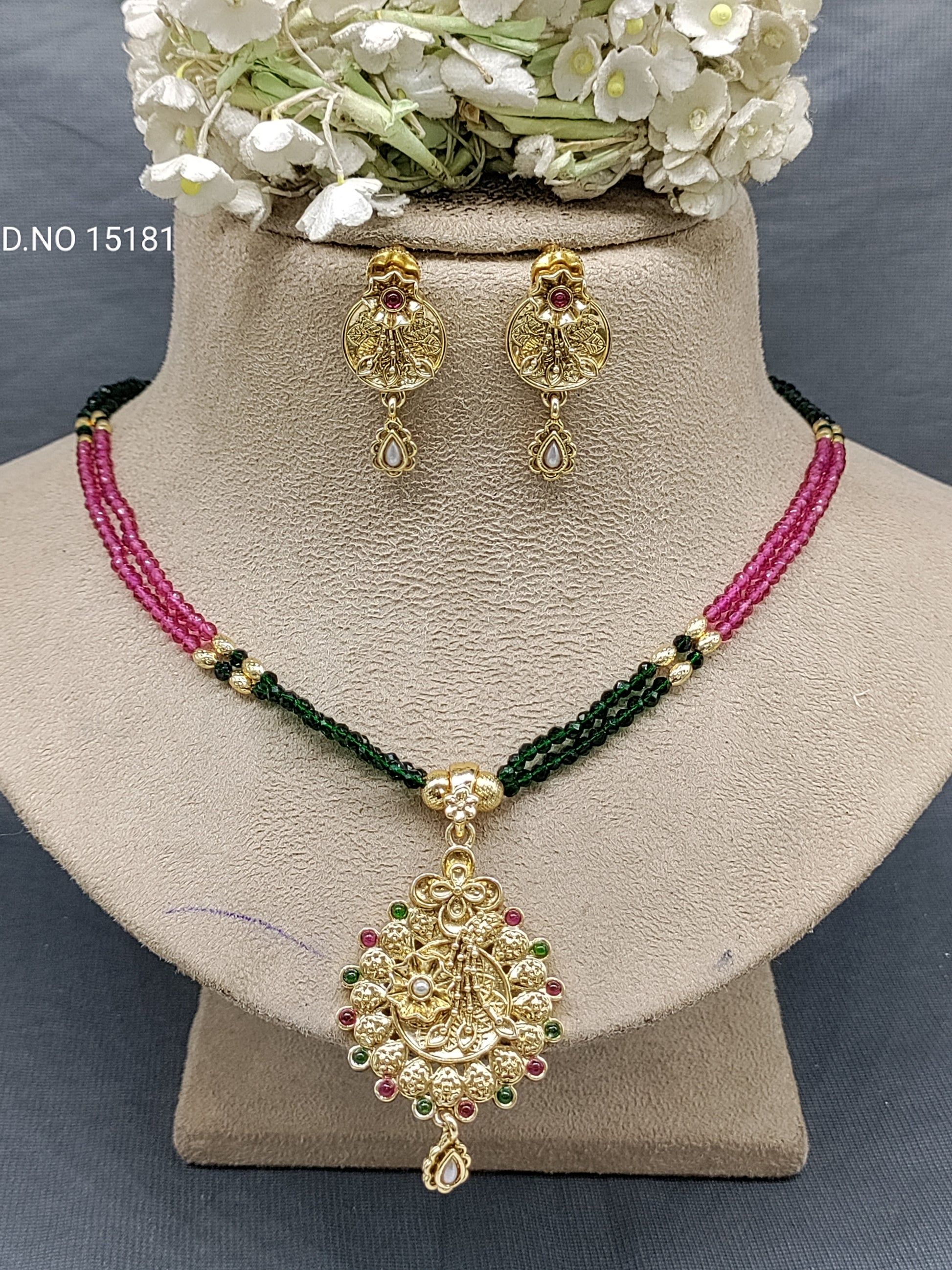 Antique Golden Mala Necklace Set Sku 15181 rchiecreation