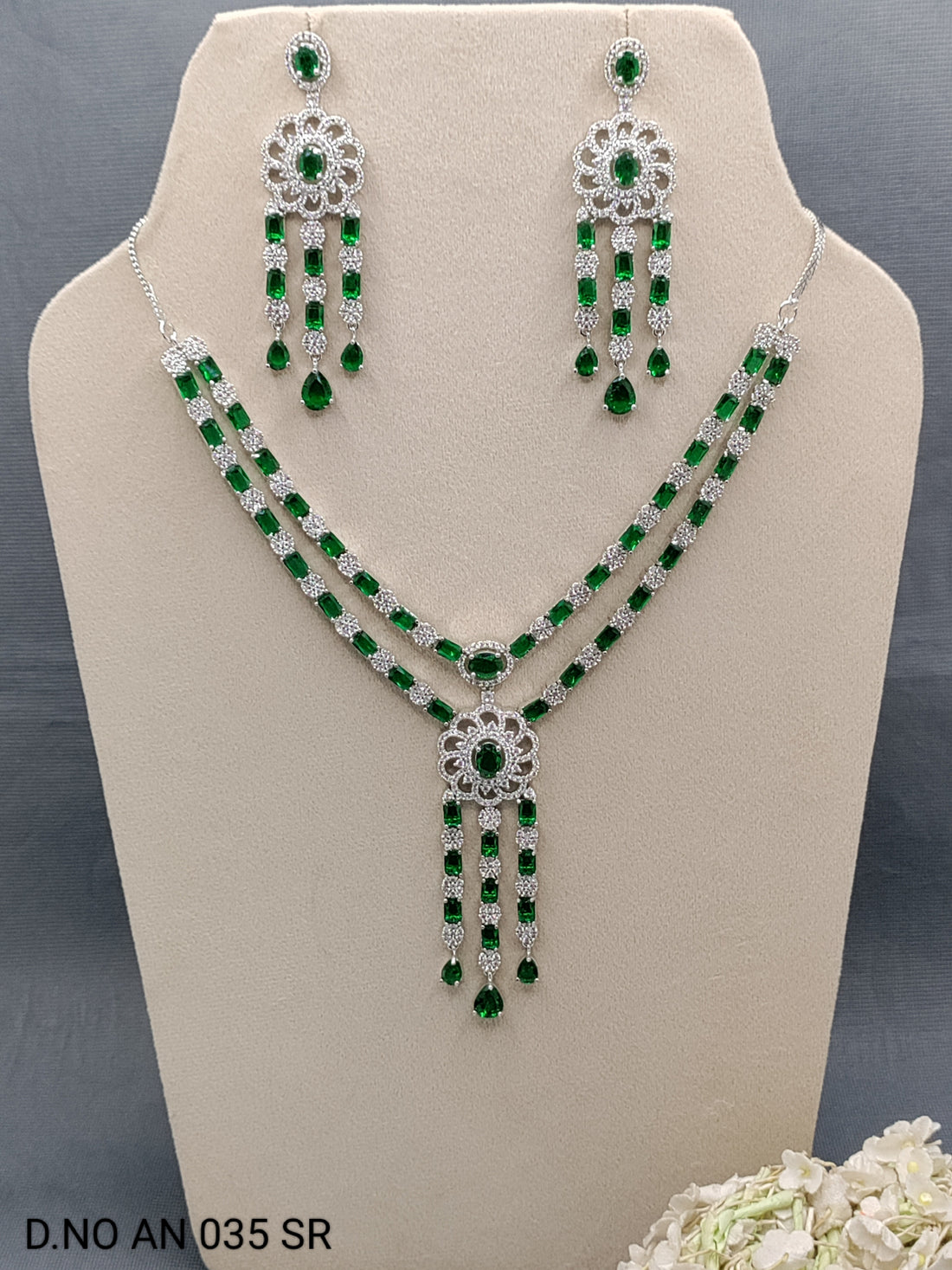 Cz Ad Rodium long Necklace Set Sku AN 035 SR rchiecreation