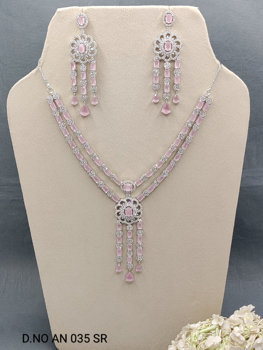 Cz Ad Rodium long Necklace Set Sku AN 035 SR rchiecreation