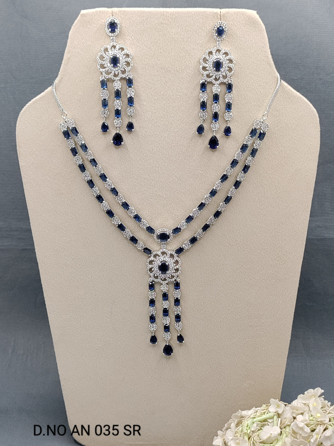 Cz Ad Rodium long Necklace Set Sku AN 035 SR rchiecreation