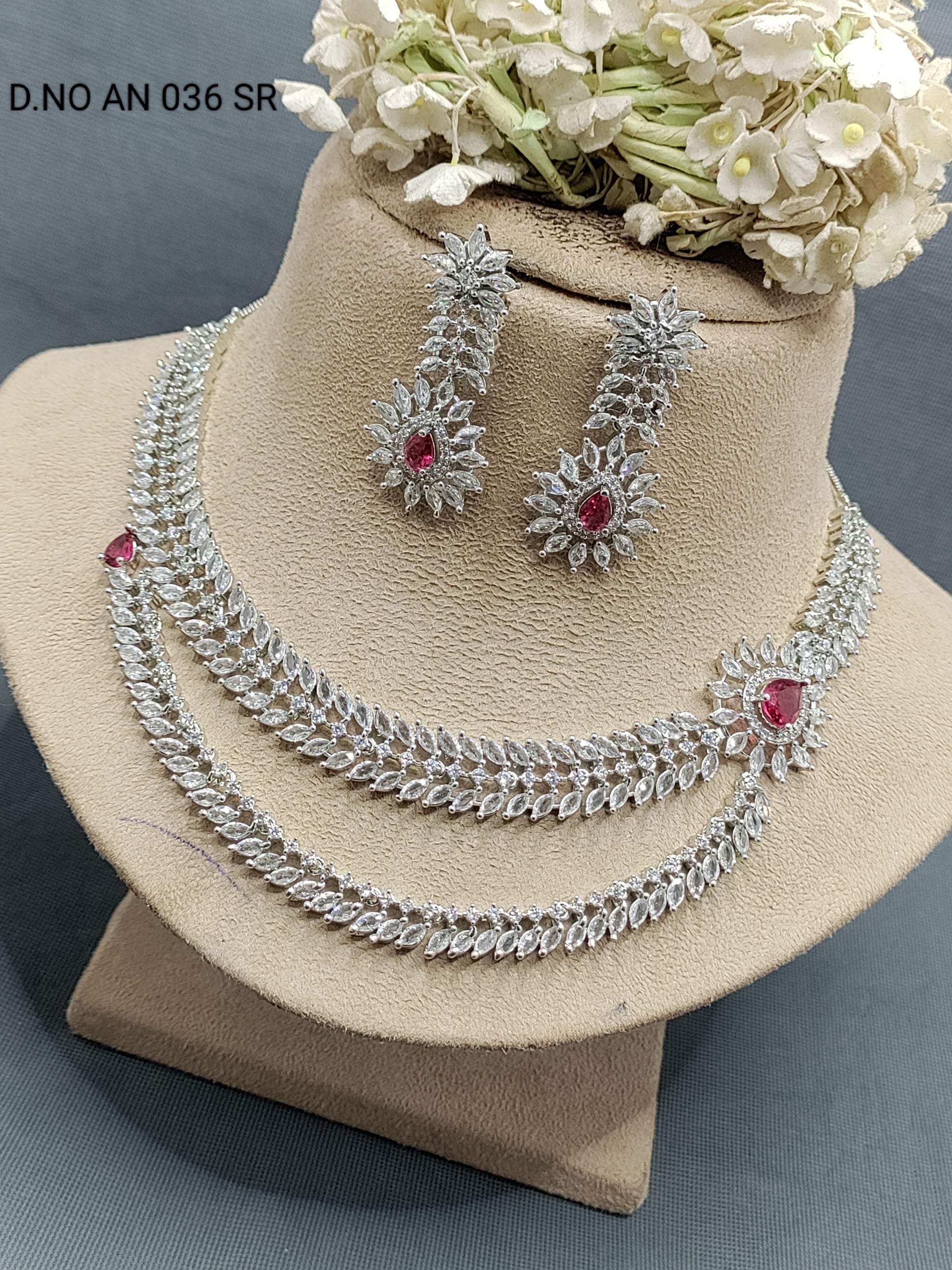 Cz Ad Rodium Necklace Set Sku AN 036 SR rchiecreation