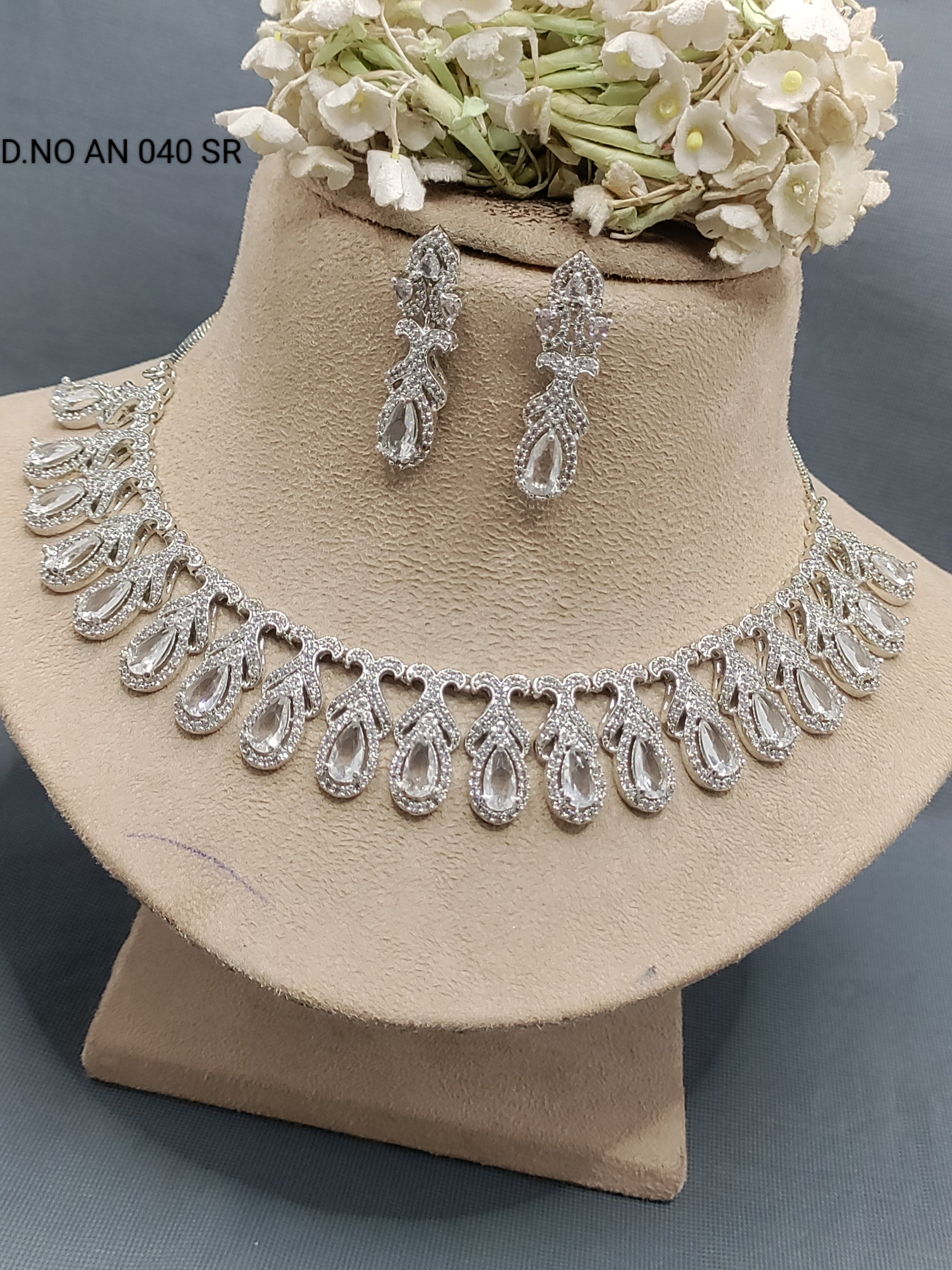 Cz Ad Rodium Necklace Set Sku AN 040 SR rchiecreation