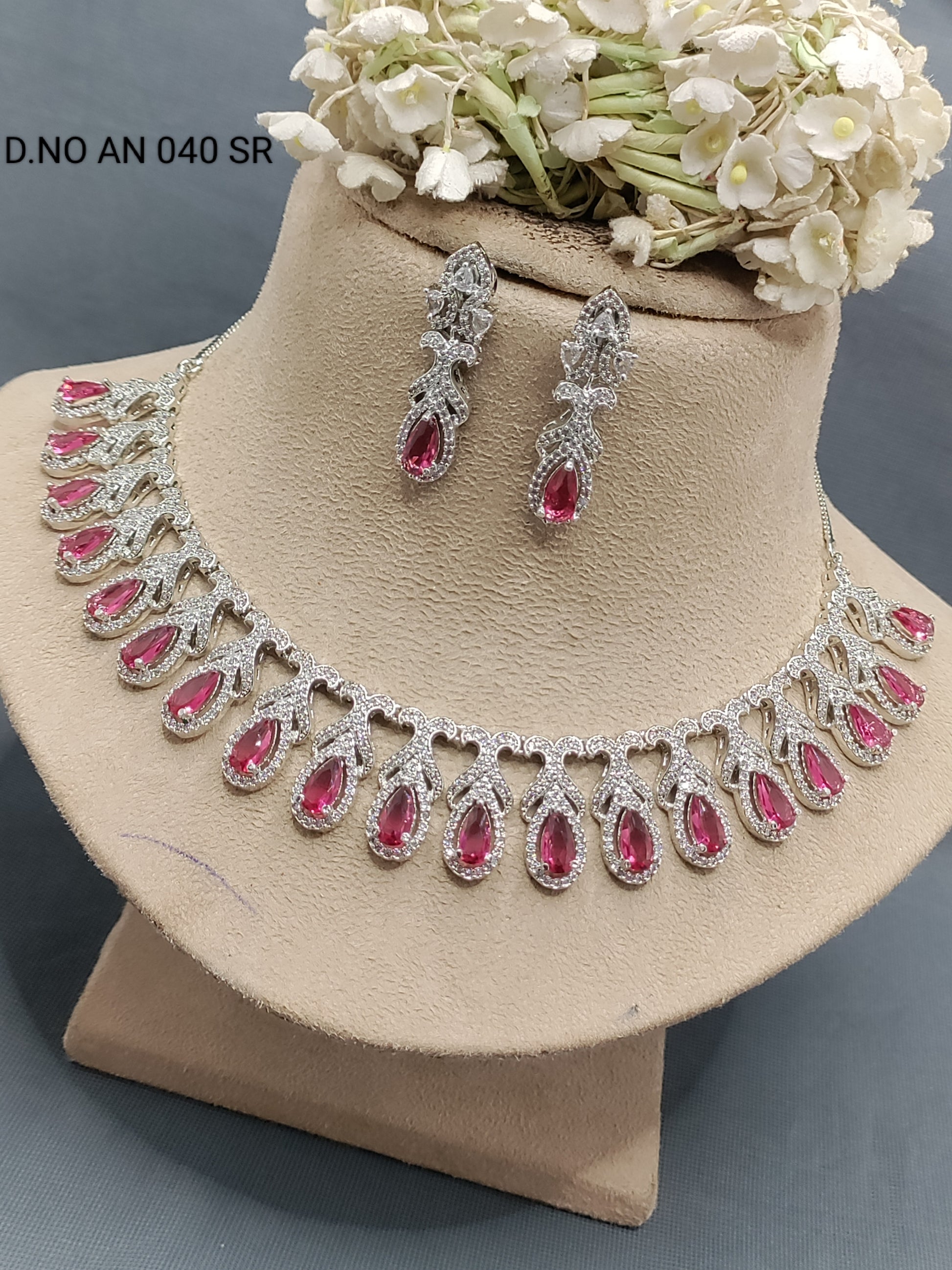 Cz Ad Rodium Necklace Set Sku AN 040 SR rchiecreation