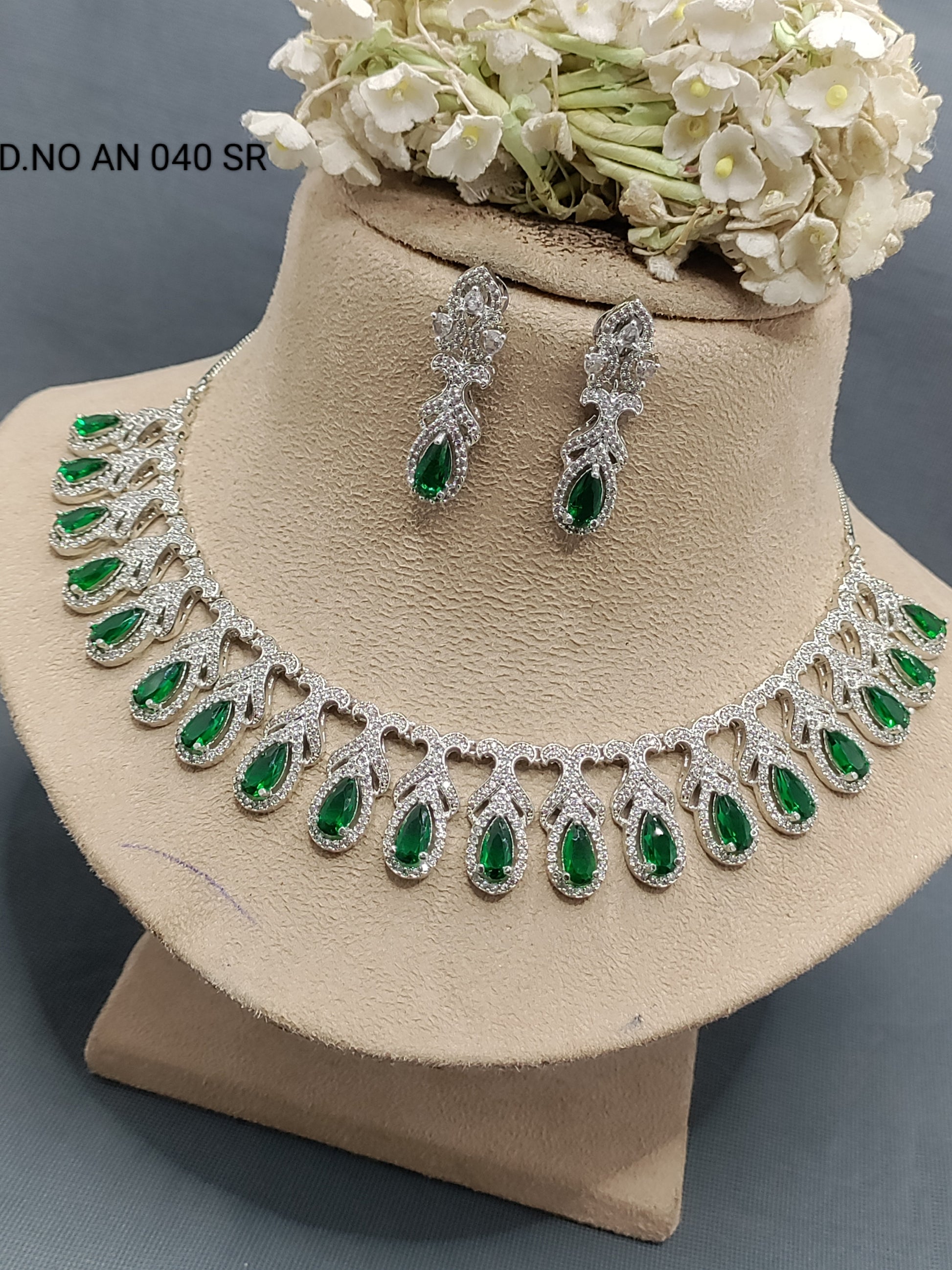 Cz Ad Rodium Necklace Set Sku AN 040 SR rchiecreation