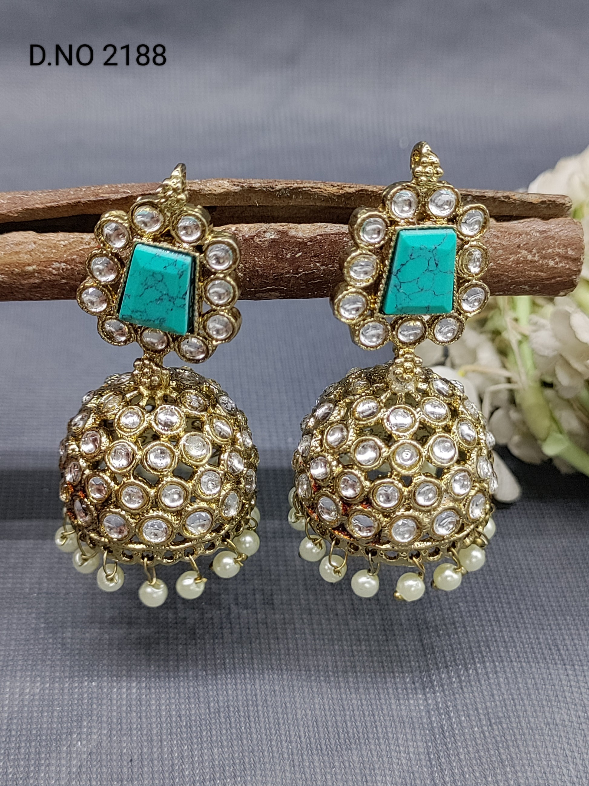 Kundan Mehandi Jhumki Earring Sku 2188 rchiecreation
