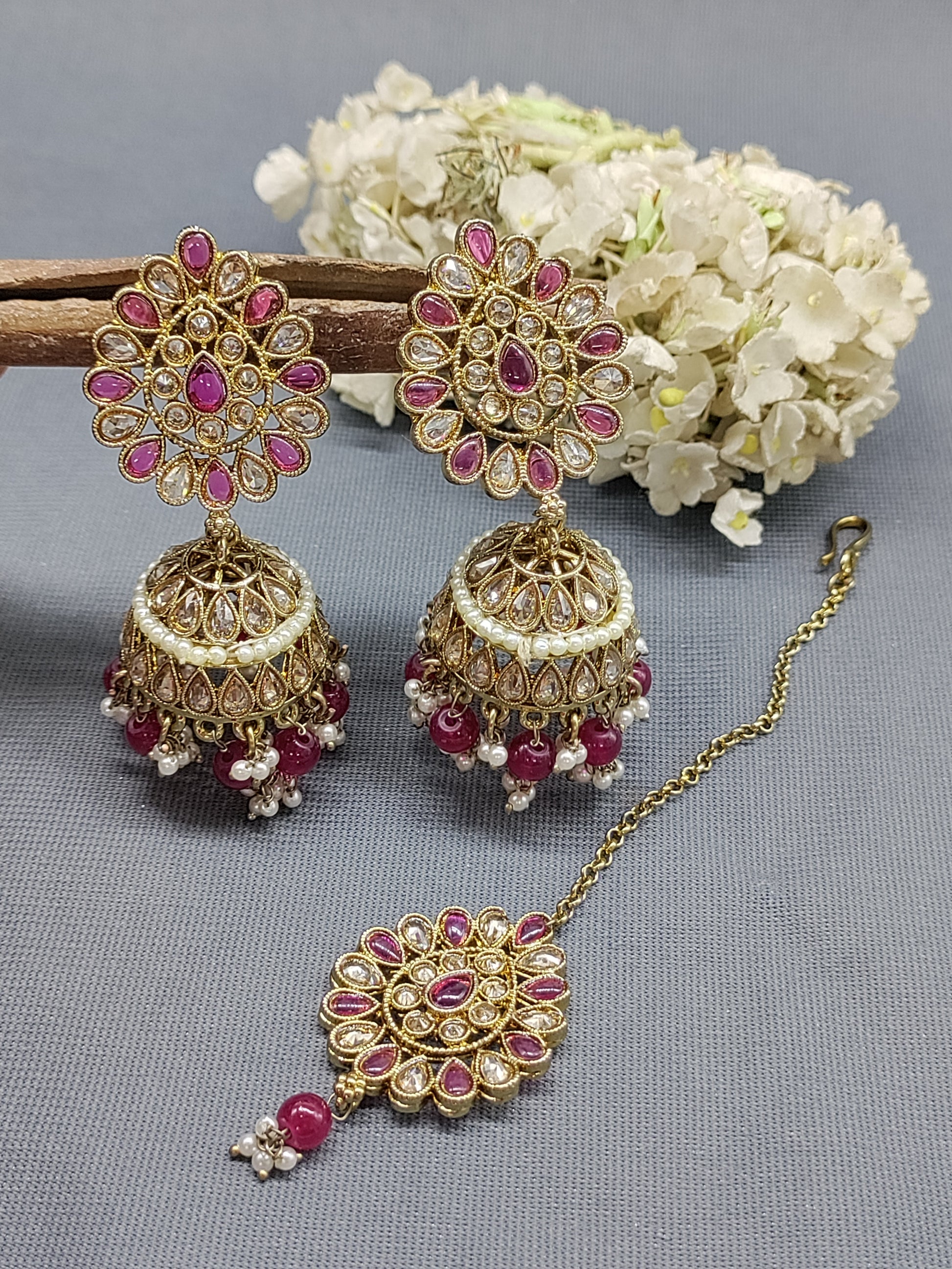 Mehandi Polki Earing+Tika SKU-2136 rchiecreation