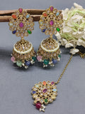 Mehandi Polki Earing+Tika SKU-2136 rchiecreation