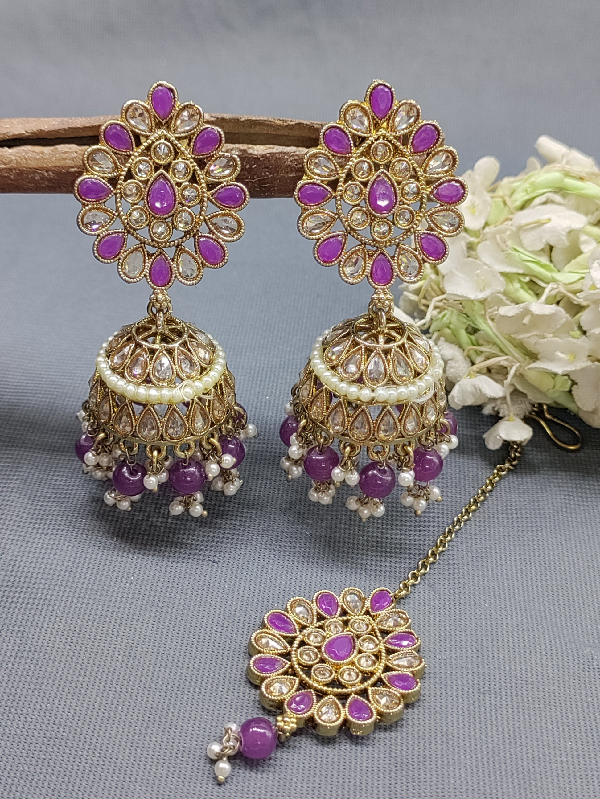 Mehandi Polki Earing+Tika SKU-2136 rchiecreation