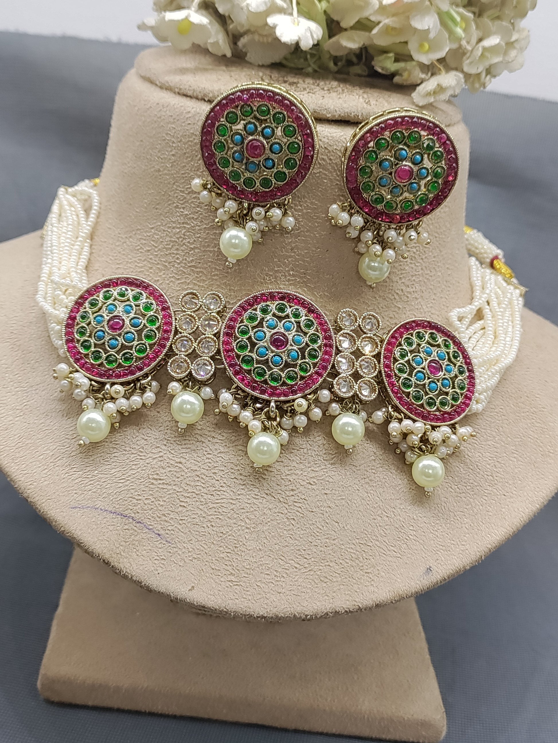 Artificial Choker Necklace Mehndi Set Sku-1816  B4 rchiecreation