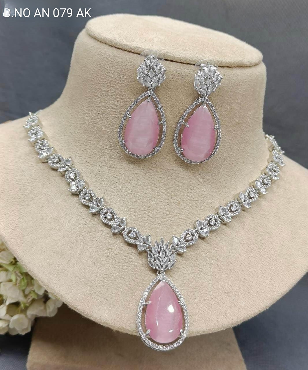 American Diamond Necklace Rodium Sku-6204 C3 rchiecreation