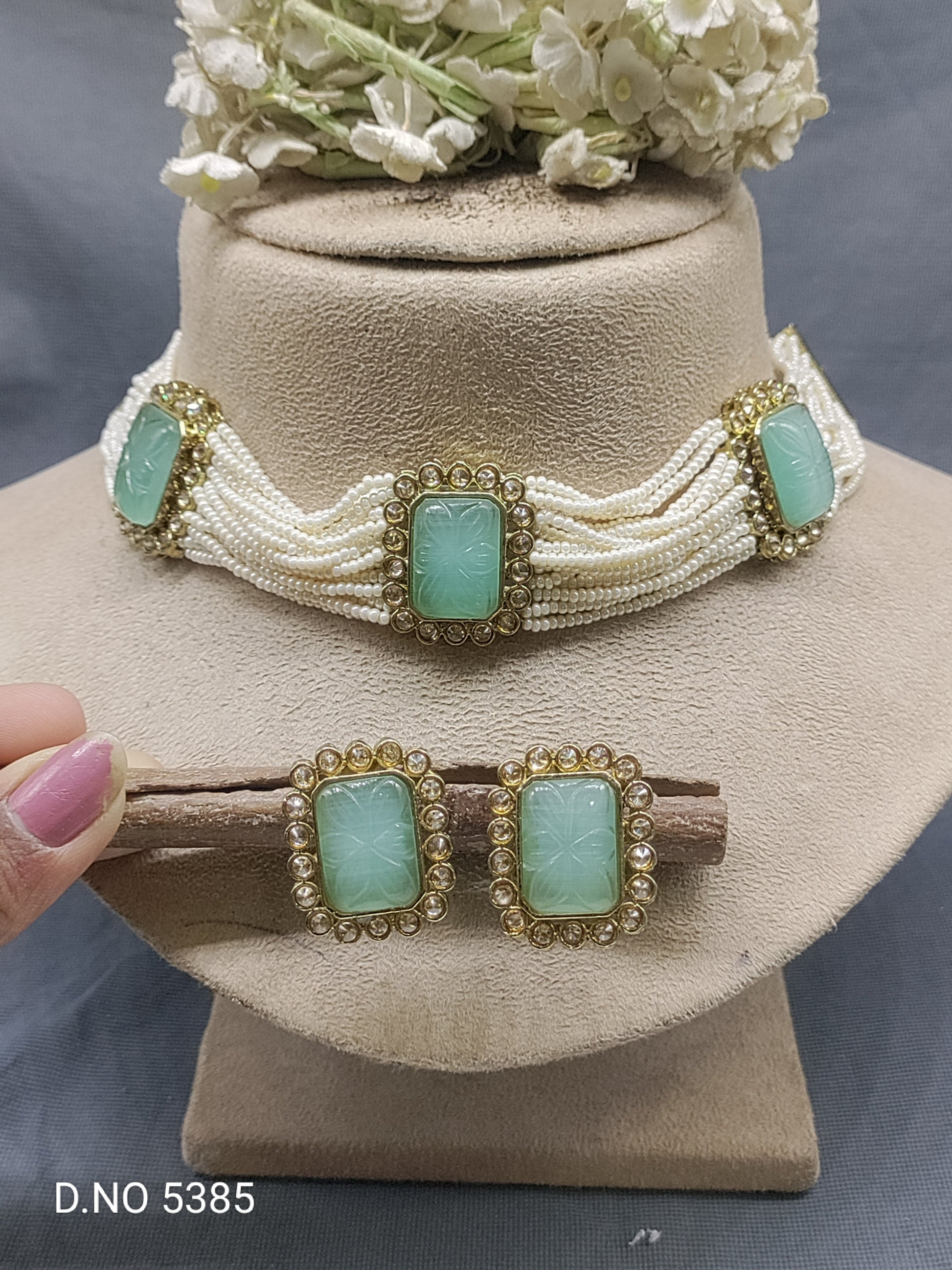 Pearl Polki Choker Necklace Mehndi Set Sku-5385 B2 rchiecreation