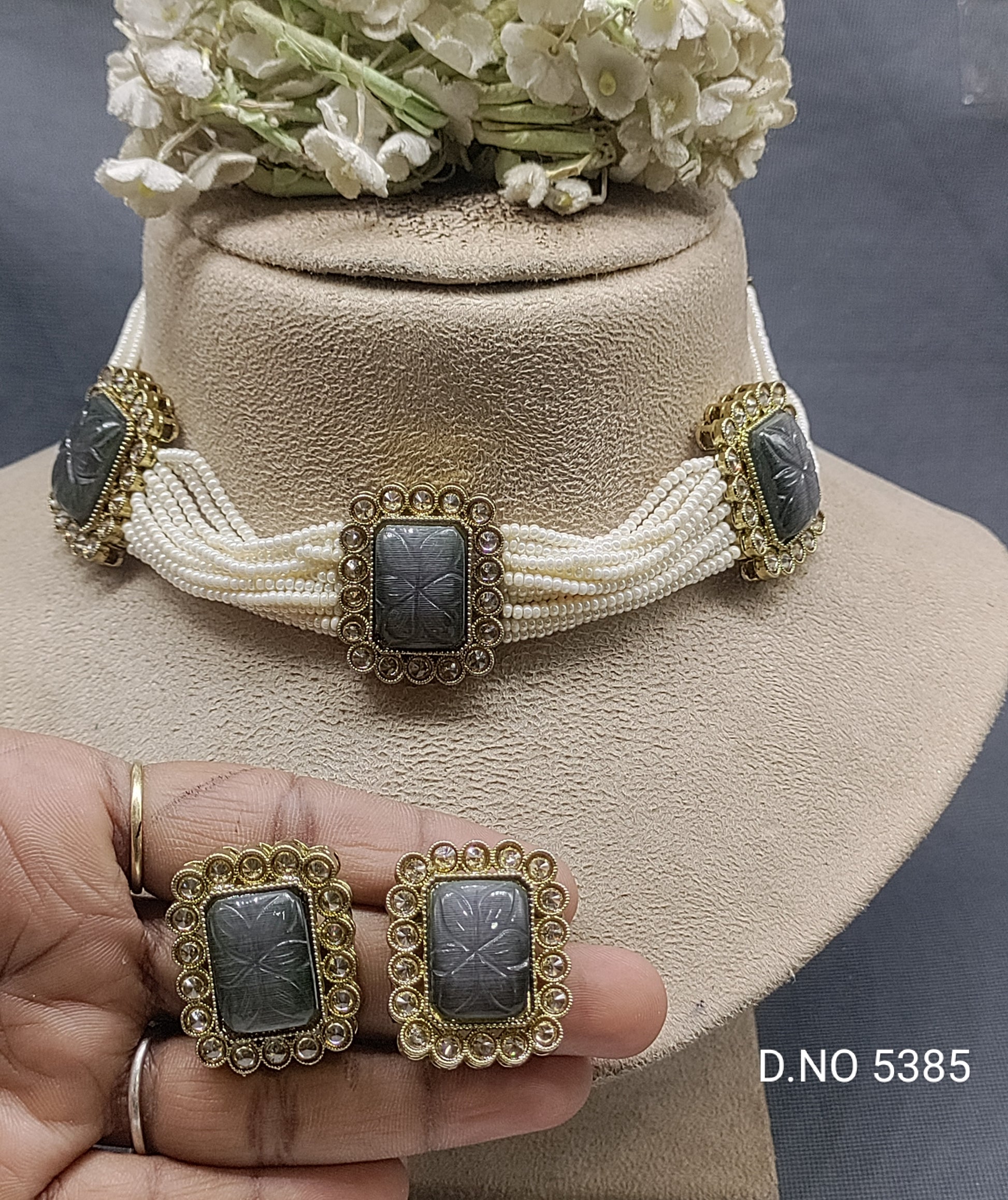 Pearl Polki Choker Necklace Mehndi Set Sku-5385 B2 rchiecreation