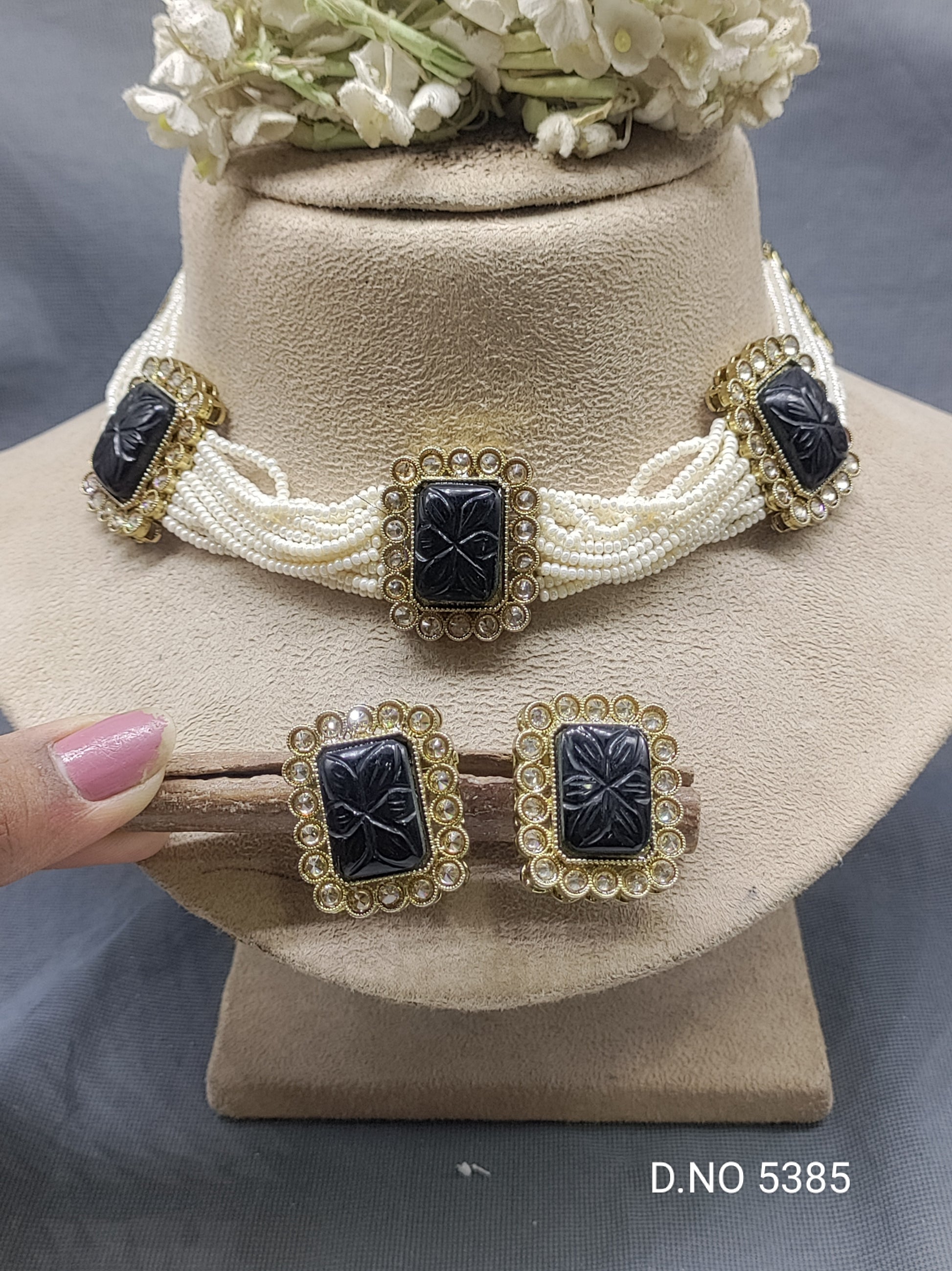Pearl Polki Choker Necklace Mehndi Set Sku-5385 B2 rchiecreation
