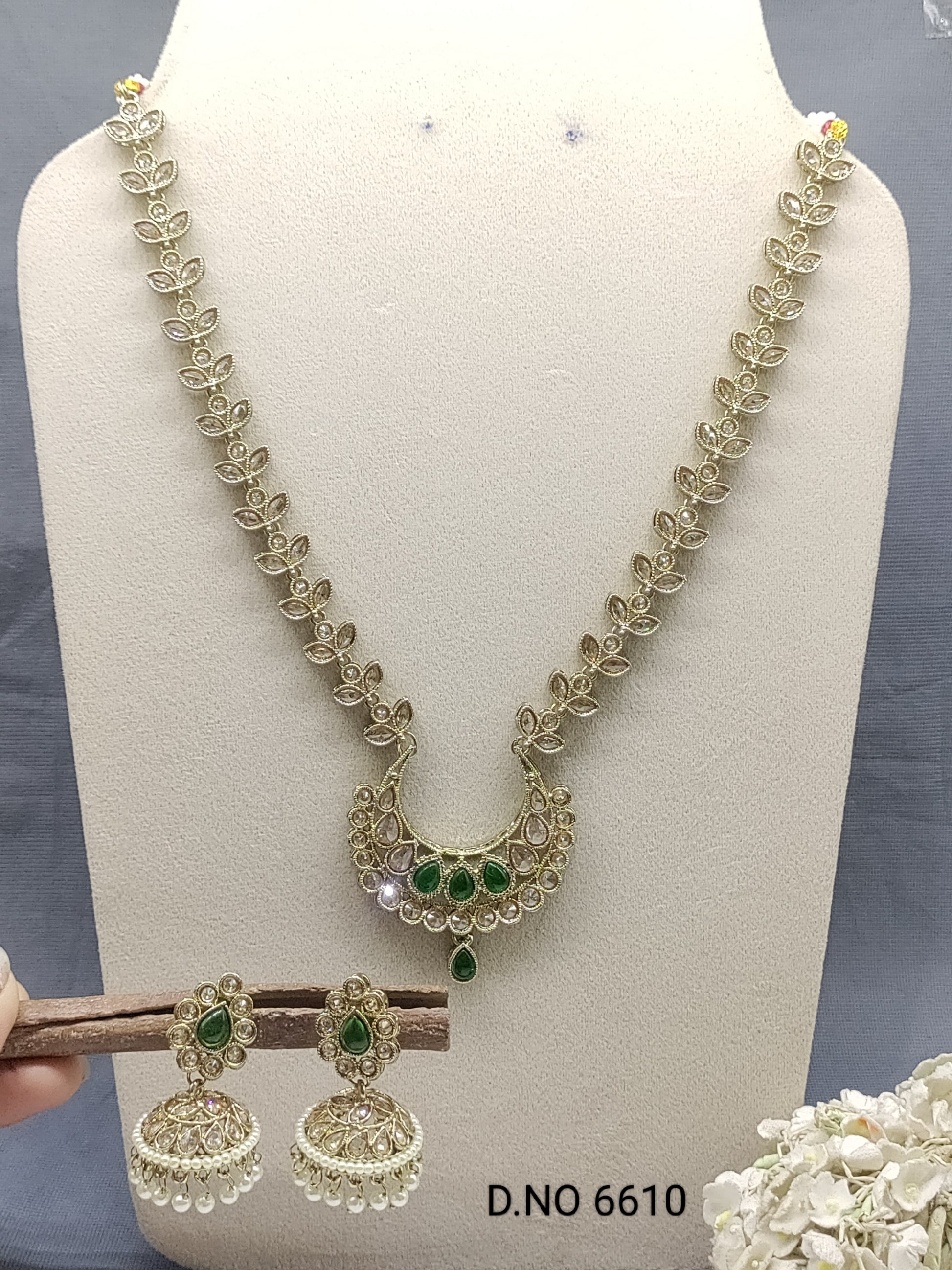 Polki Mehandi long Necklace Set Sku 6610 rchiecreation