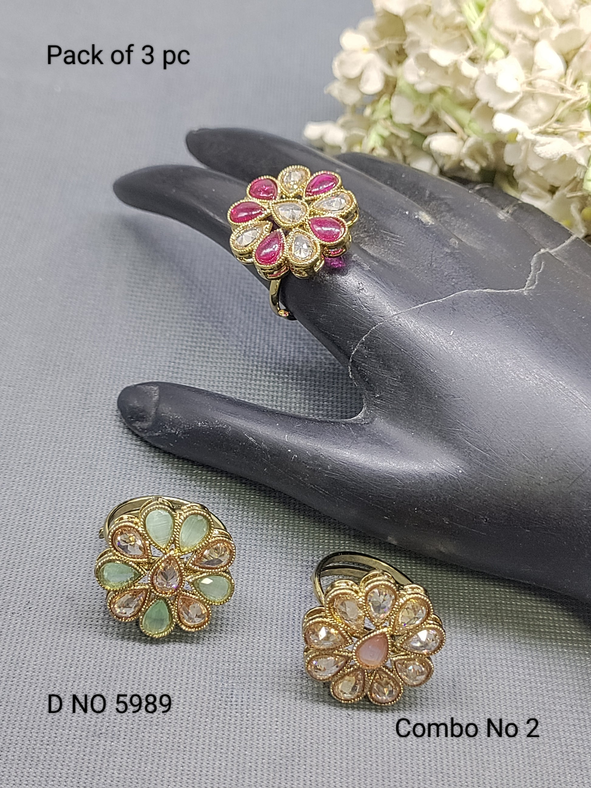 Polki Mehandi Finger Ring Combo Sku 5989 rchiecreation