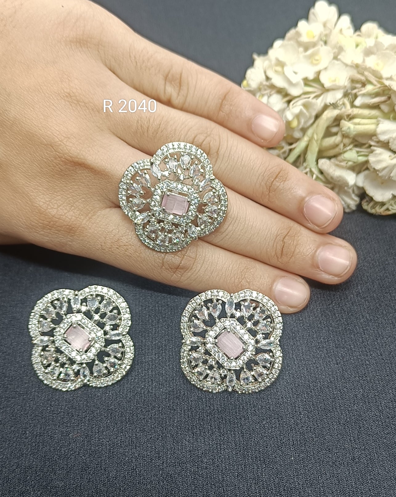 Cz Ad Rodium Top & Finger Ring Combo Sku 2040 E1 rchiecreation