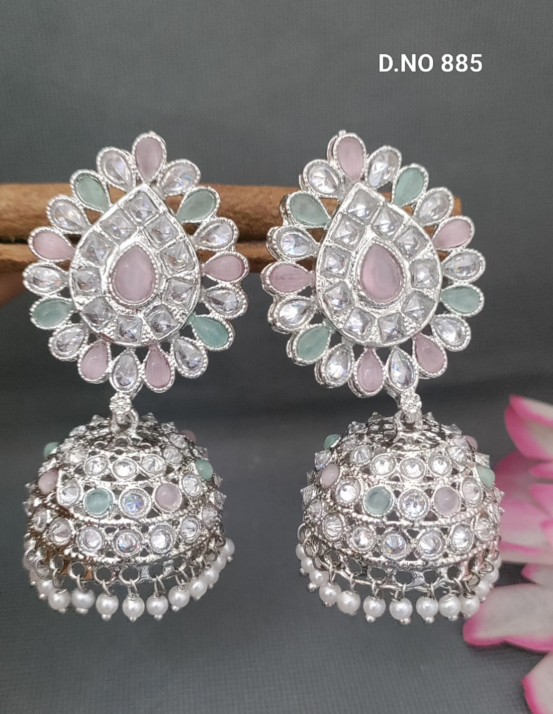 Rodium Polki Jhumki Earring Sku -885 rchiecreation