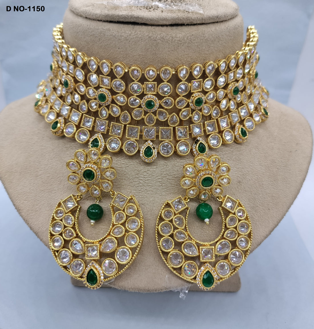 Golden Bridal White Polki Necklace Sku-1150 rchiecreation