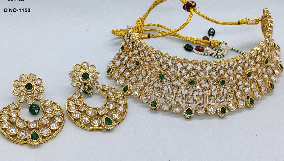 Golden Bridal White Polki Necklace Sku-1150 rchiecreation