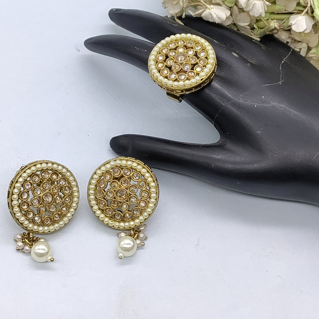 Mehandi Polki Earing+Finger Ring Combo Sku-1067 rchiecreation