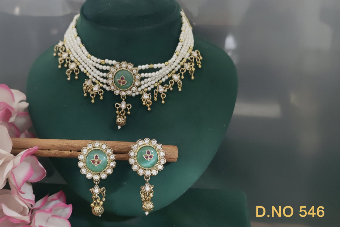 Mehandi Kundan Chokar Necklace Sku 546 D-5