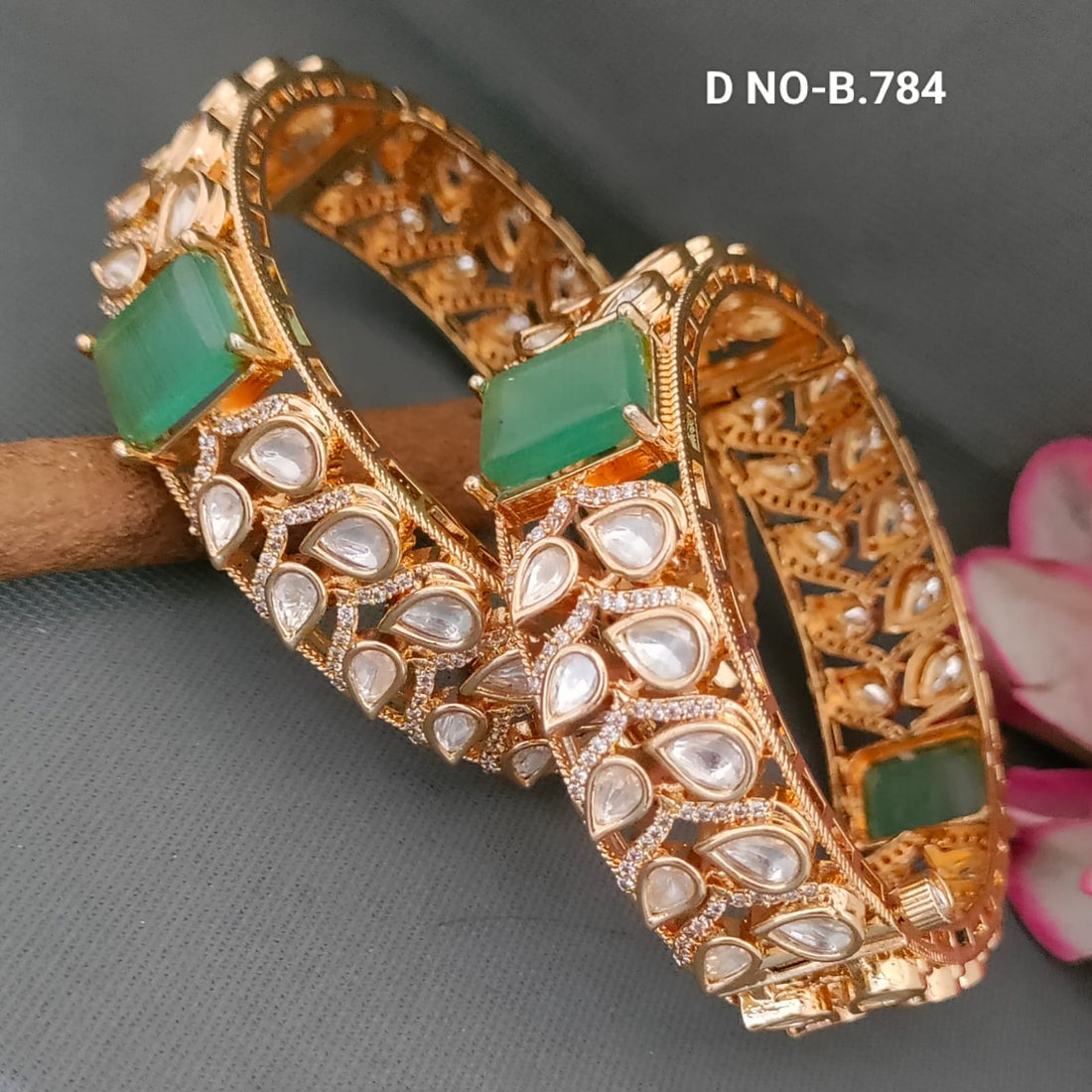 Golden Mossiniate Mint Monalisa Kundan Bangles Sku- B.784