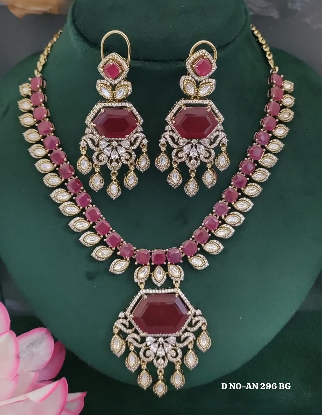 Mehandi CZ Mossinaite kundan Necklace  sku AN296 BG/D-4