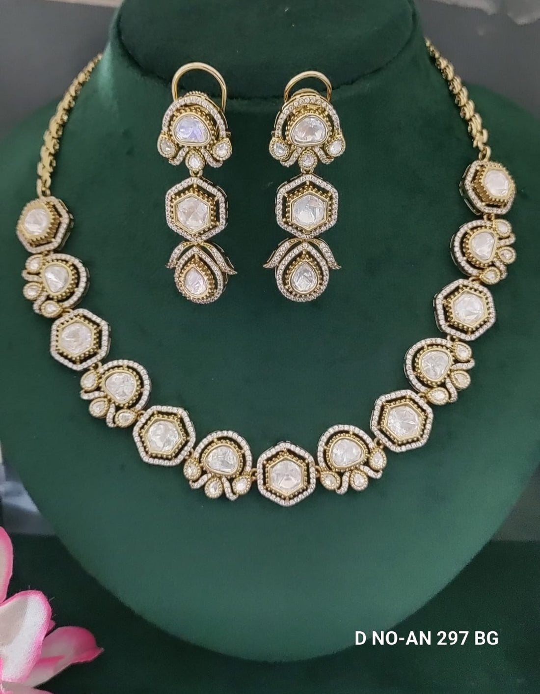 Mehandi CZ Mossinaite kundan Necklace  sku AN 297 BG/D-4
