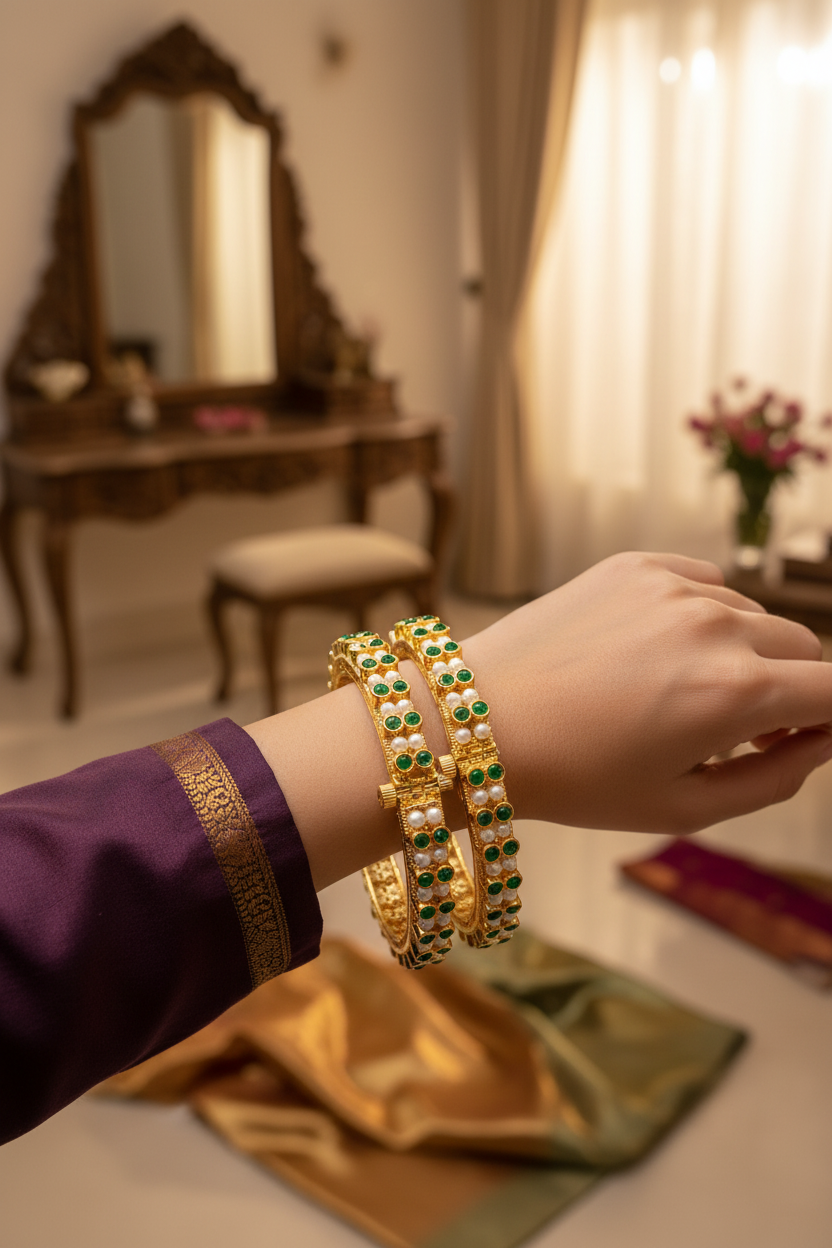 Maharashtrian Green Pearl Bangle SKU 6287 (Box Of 3 Mix Size Pack)