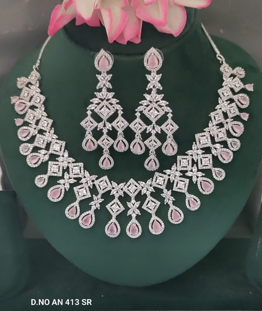 Cz Ad Rodium Necklace Set Sku AN 413 SR C7