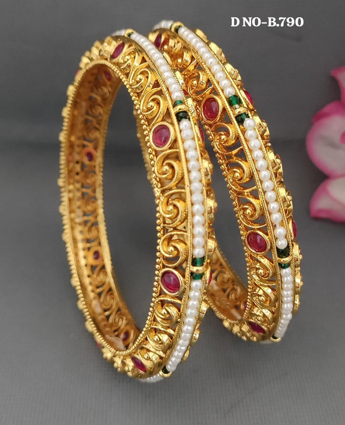 Golden Polki Pearl Bangles SKU-B.790