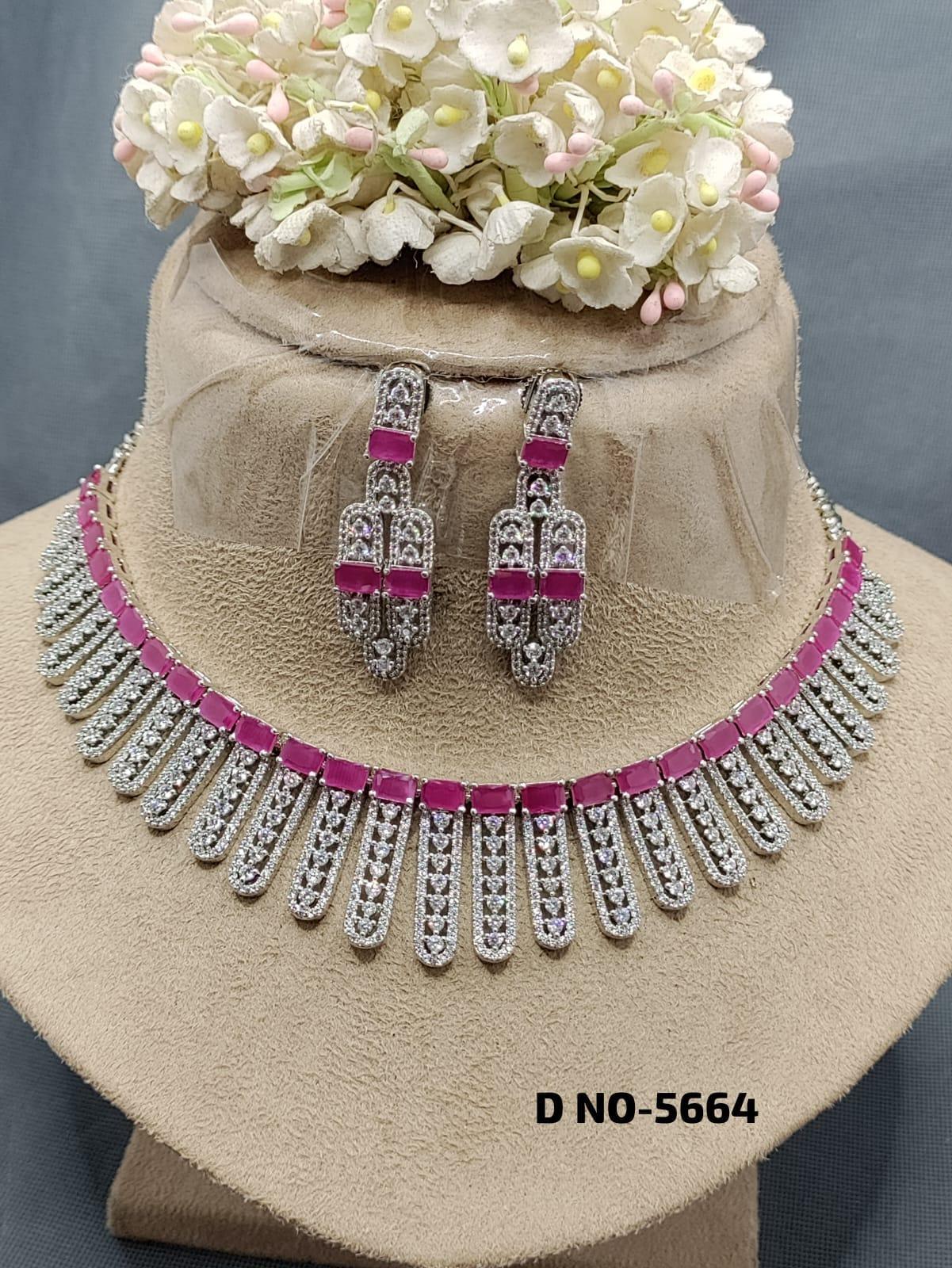 American Diamond Necklace Rodium Sku-5664 C3 - rchiecreation