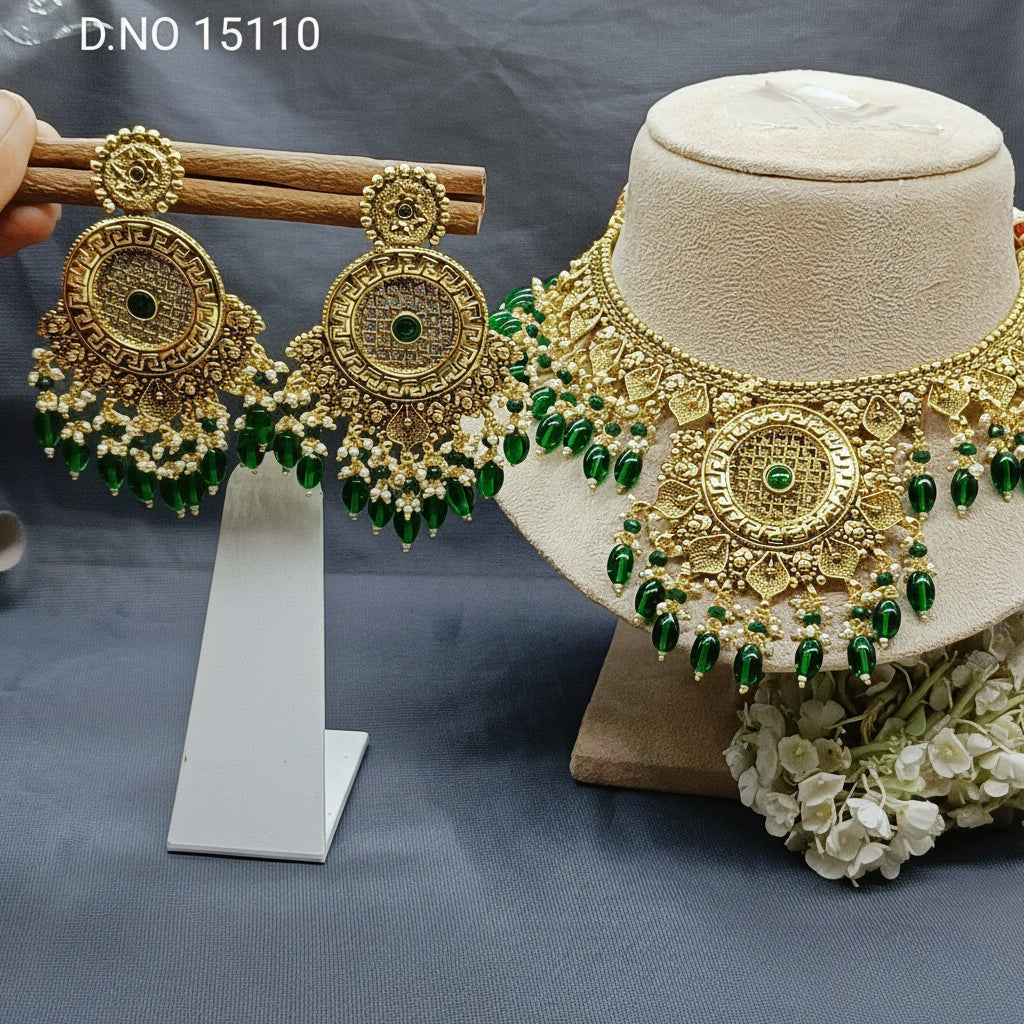 Antique Golden Panjabi Necklace Set Sku 15110 E4 - rchiecreation