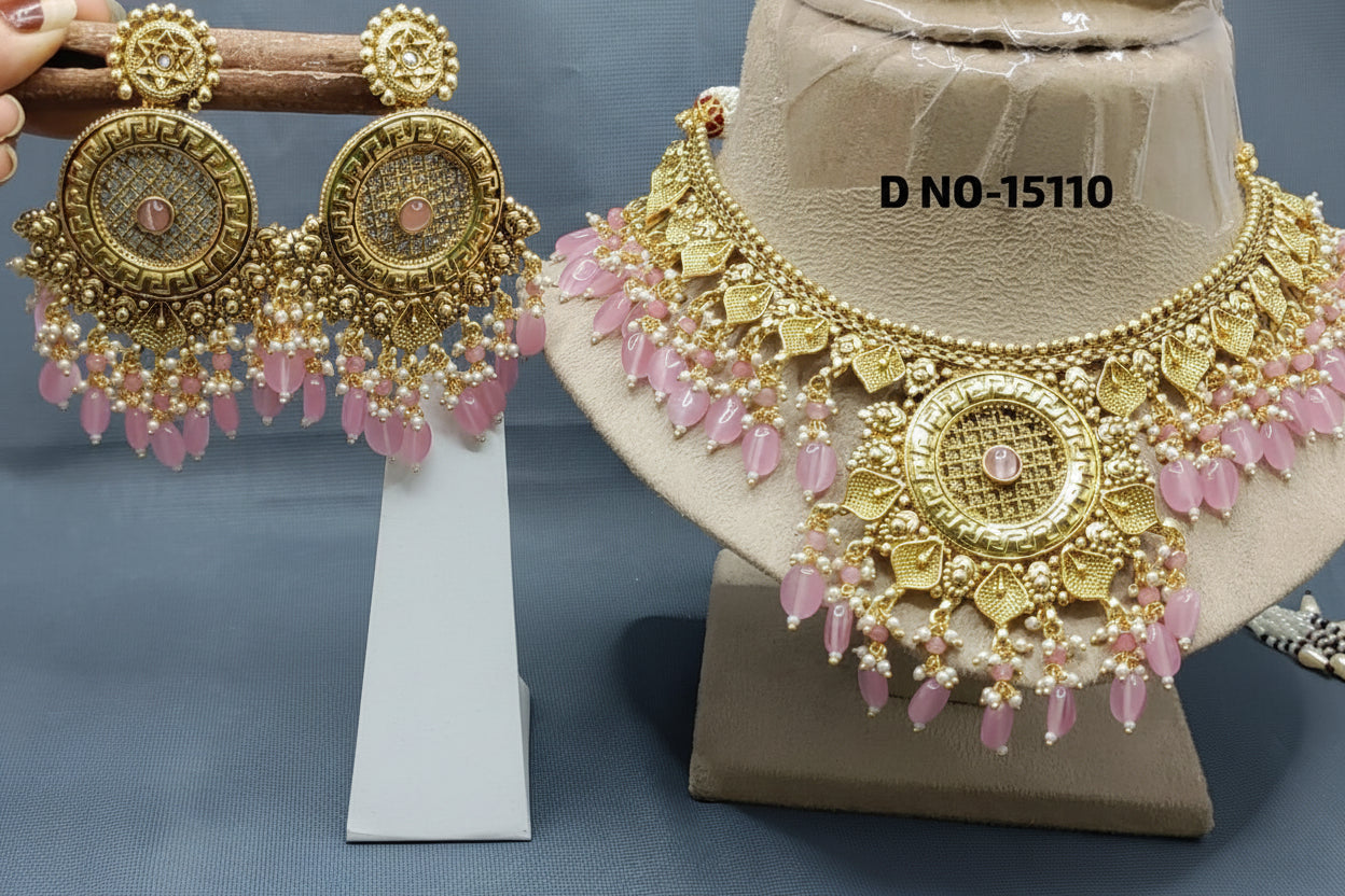 Antique Golden Panjabi Necklace Set Sku 15110 E4 - rchiecreation