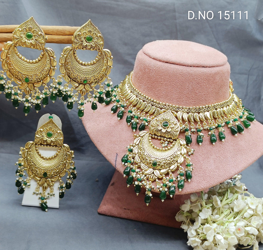 Antique Golden Panjabi Necklace Set Sku 15111 E4 - rchiecreation