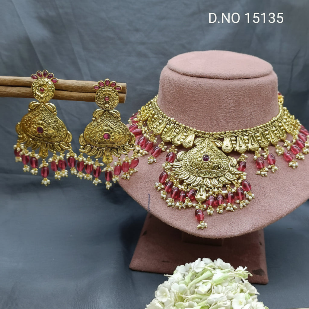 Antique Golden Panjabi Necklace Set Sku 15135 E4 - rchiecreation