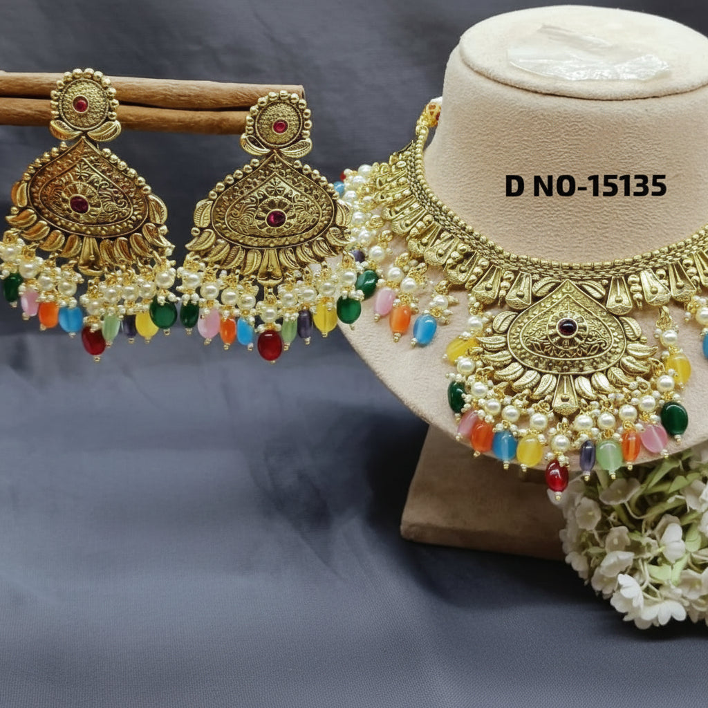 Antique Golden Panjabi Necklace Set Sku 15135 E4 - rchiecreation