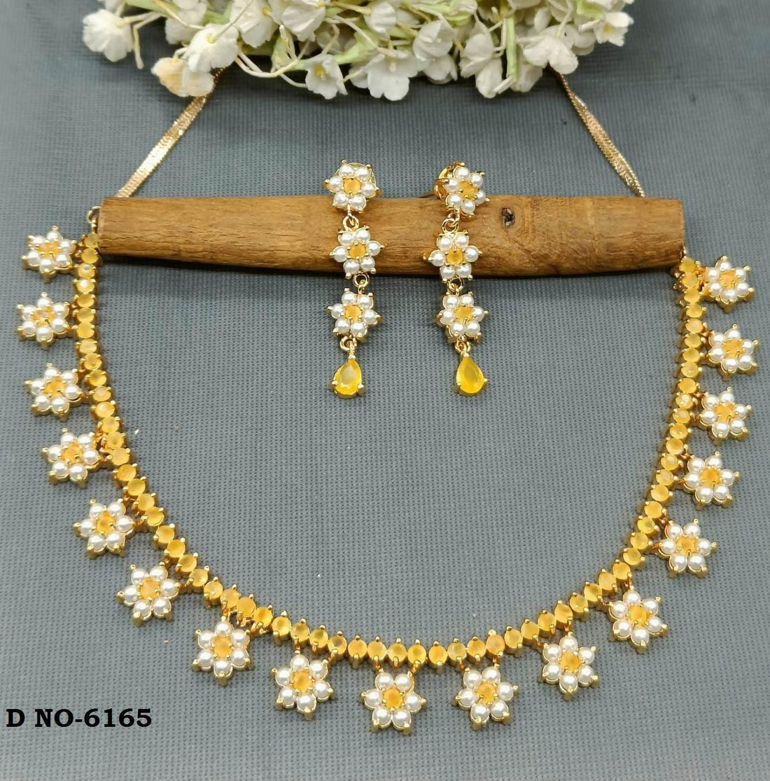 Golden Pearl Necklace Set Sku-6165 D3 - rchiecreation