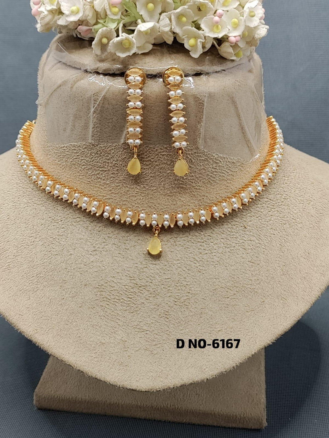 Golden Pearl Necklace Set Sku-6167 D3 - rchiecreation