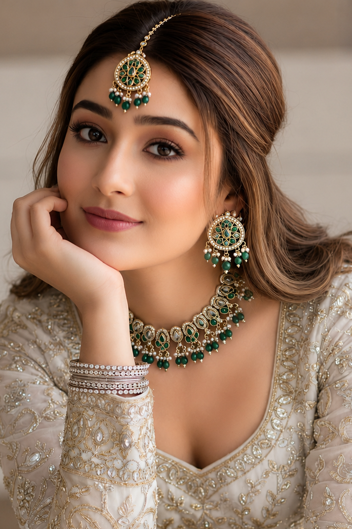 Green polki necklace set by Rchie Wholesale