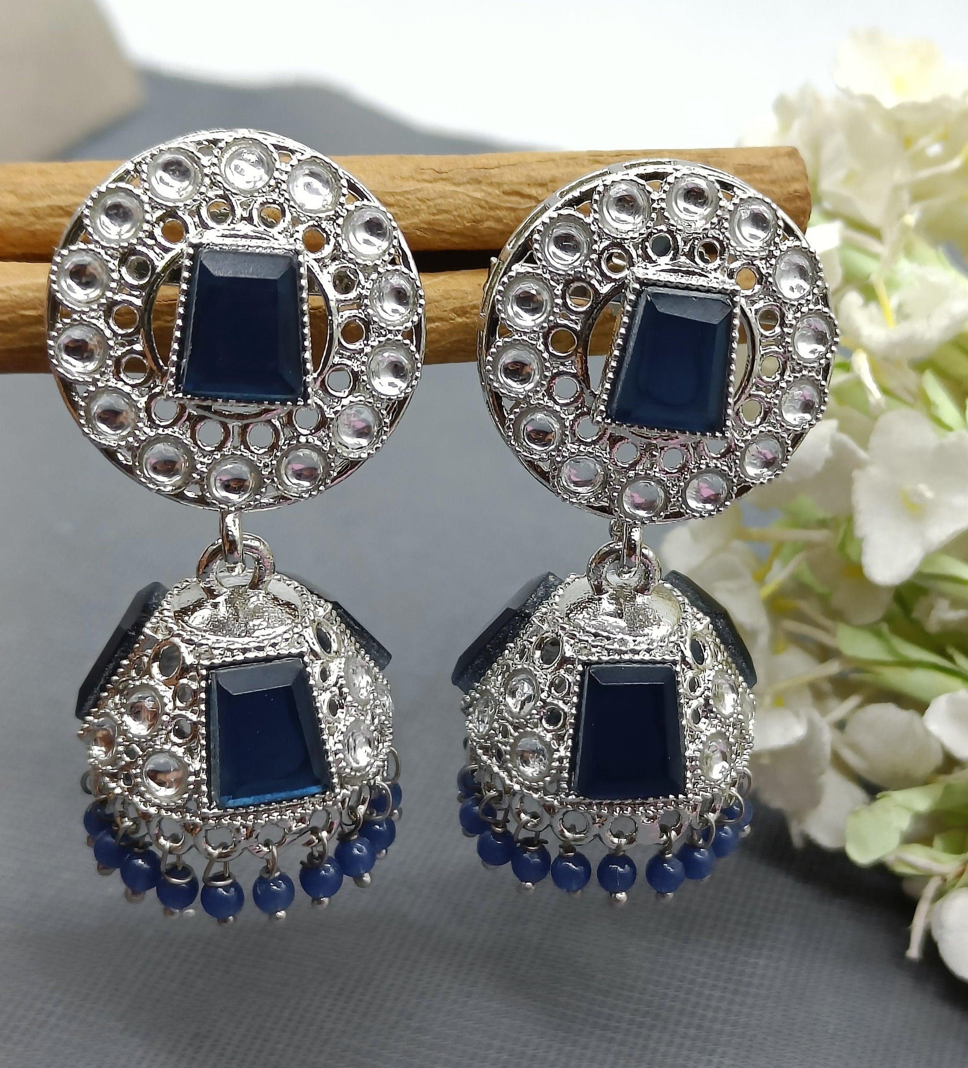 Kundan Jhumki Earring Rodium Sku-904 A4 - rchiecreation